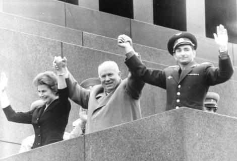 Nikita khrushchev with soviet cosmonauts tereshkova and bykovsky on the lenin mausoleum during the celebration rally in their honor on june 22, 1963, moscow, ussr.