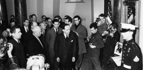 Nikita khrushchev and andrei gromyko in spaso house, the residence of the united states ambassador to the ussr, on november 23, 1961 where they went to offer their condolences on the death of american...