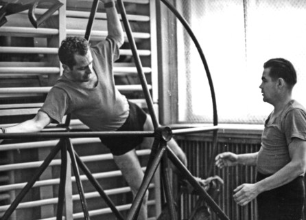Soviet cosmonauts gherman titov and andrian nikolayev during physical training for there respective vostok 2 and vostok 3 missions in 1962.