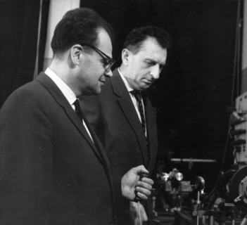 Soviet scientists nikolai basov (left) and alexander prokhorov, winners of the nobel prize in quantum electronics, doing research work, 1964.