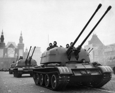 Tanks (zsu 57-2) of the kantemirov division during a military parade in red square commemorating the 47th anniversary of the october revolution, moscow, ussr, november 7, 1964.