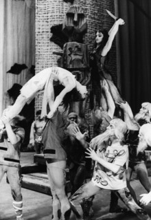 A scene from igor stravinsky's ballet rites of spring, bolshoi theatre production, moscow, ussr, june 1965, featuring n, kasatkina (r) and n, sorokina (l).