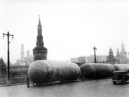 Transportation of anti-aircraft barrage baloons in moscow in october 1941.