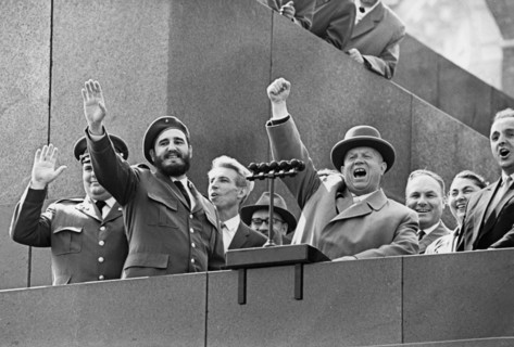 Nikita khrushchev and fidel castro during the reception in red square in moscow, 1961.