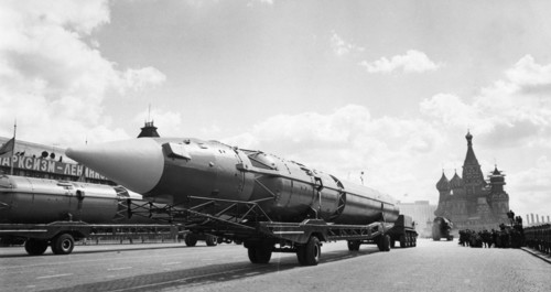 Nato-designated scrag (liquid fueled 3 stage icbm) ballistic missiles during a military parade in red square, moscow, ussr, may 1, 1967.
