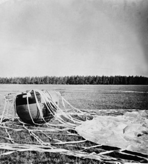 The landing capsule of the soviet space probe venera 4 after a successful test of it's landing systems, 1967.