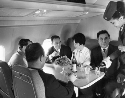Passengers being served aboard the new tu-154 airliner, november 1968.