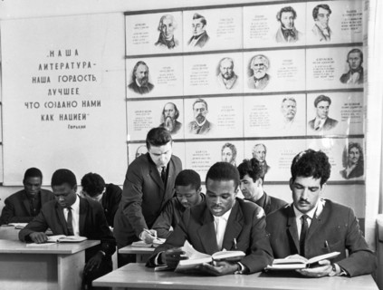 Order of the red banner of labor technical school of the korinsk state farm in the bryansk oblast, may 1969, ivan ivanovich yakushev, a teacher of russian language and literature, instructing a group ...