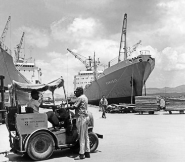 The soviet freighter 'kimovsk' being unloaded in the port of santiago-de cuba, july 1969.