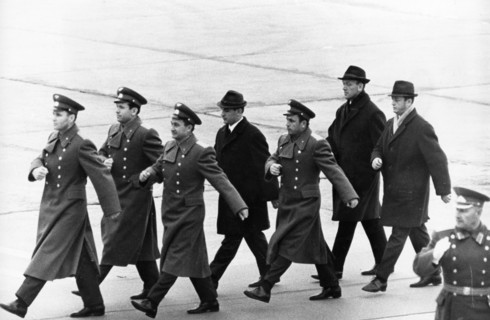The crews of the soyuz 6, soyuz 7 and soyuz 8 space missions: vladimir shatalov, viktor gorbatko, valery kubasov, anatoly filipchenko, alexei yeliseyev, vladislav volkov, and georgi shonin arrive at v...