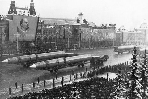 Nato-designated scrag (liquid fueled 3 stage icbm) ballistic missiles during a military parade in red square, moscow, ussr, november 7, 1969.