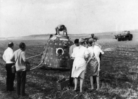 Soyuz-9 capsule containing cosmonauts a,g, nikolayev and v,i, sevastyan, just after landing, june 20, 1970.