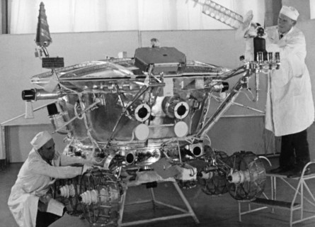 The soviet moon rover, lunokhod 1 in the testing and assembly room being prepared for the luna 17 mission, ussr, 1970.