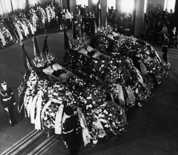 Funeral for the three cosmonauts of soyuz-11: g,t, dobrovolsky, v,n, volkov, and v,i, patsayev, the cosmonauts are lying in state in the red bannered hall of the central house of the soviet army, july...