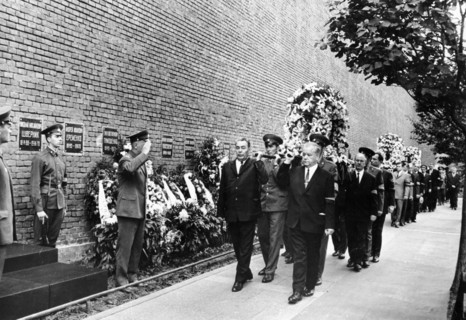 A funeral procession with urns containing the remains of soviet cosmonauts commander georgi dobrovolsky, vladislav volkov, and viktor patsayev being brought to their final resting place by the kremlin...