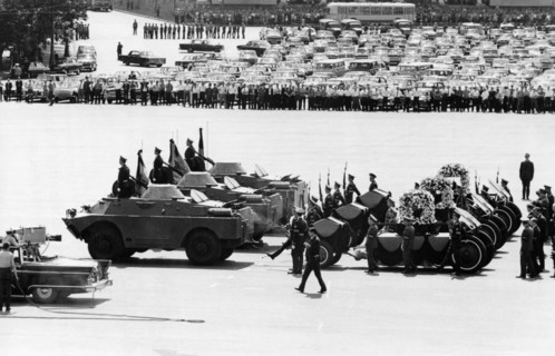 A funeral procession with urns containing the remains of soviet cosmonauts commander georgi dobrovolsky, vladislav volkov, and viktor patsayev on the way to red square, they died during the soyuz 11 m...