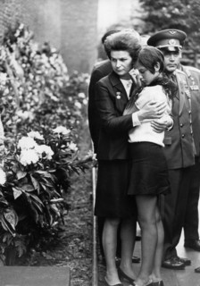 Funeral for the three cosmonauts of soyuz-11: g,t, dobrovolsky, v,n, volkov, and v,i, patsayev, valentina tereshkova and andrian nikolayev with maria dobrovolskaya, the daughter of one of the cosmonau...
