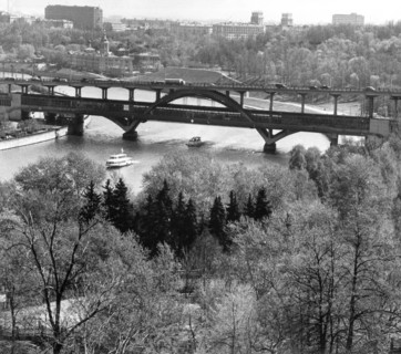 Moscow, ussr, may 1972, view of the moskva river and metro bridge from lenin hills.