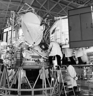 Soviet space probe venera 13 being worked on in the assembly and testing shop, 1981.