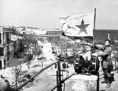 The raising of the soviet military banner of the navy in liberated sevastopol, 1944.