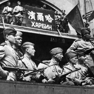 Operation august storm (battle of manchuria), soviet troops hoisted the flag of victory over the harbin railway station, manchuria, august 19, 1945.