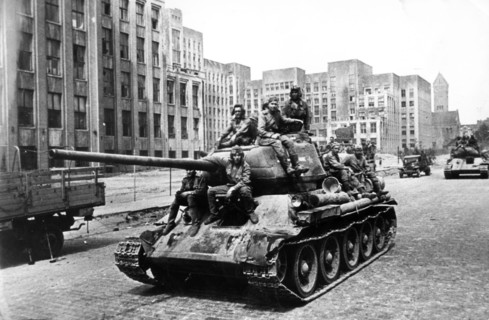 Soviet tanks on the streets of minsk, byelorussia, 1944.