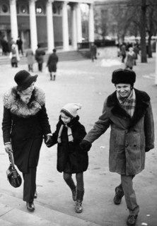 A young russian family, alexander rusov, a chemist and fiction writer, out walking with his wife irene and their daughter ann, moscow, ussr, 1975.