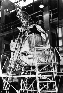 Soviet lunar lander luna 24 in the assembly shop prior to it's mission, in the foreground is it's 'soil in-taker' (boring mechanism), august 1976.