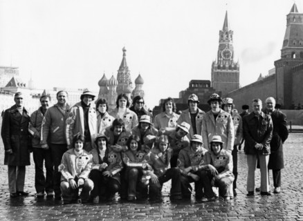 The canadian junior hockey team, don mills flyers, in red square, they arrived in moscow from toronto to take part in several matches with soviet junior teams, 1977.