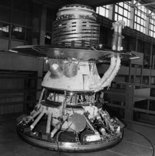 Descent module of soviet venus probes venera 11 and venera 12 in assembly and testing area, ussr, 1978.