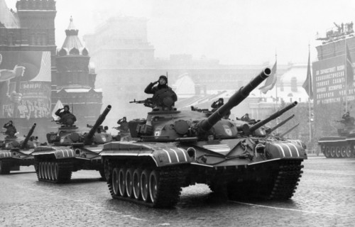 Soviet t-72 tanks make their public debut during a november 7th military parade in red square in 1977, in honor of the 60th anniversary of the great october revolution.