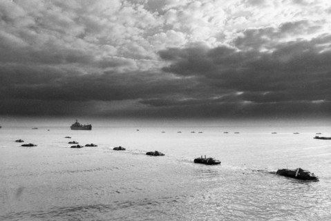 Soviet military exercises, amphibious apcs disembarking from aboard landing ships, october 1988.