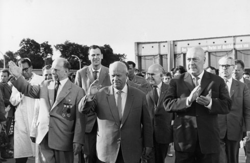 Nikita khrushchev visiting the gdr in 1962, walter ulbricht (left) and ju, zirankevich (right) accompany him.