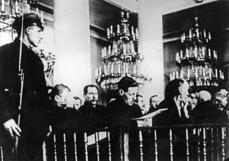 Shakhtinsky trial, the accused, mining engineers and technicians in shakhtinsky and other districts in the donets coal basin, and judges during the trial in the column hall of the house of soviets in ...