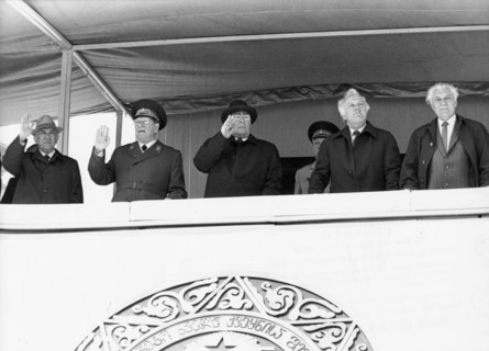 Party and government leaders, including leonid brezhnev and eduard shevardnadze, during a parade and demonstration in honor of the 60th anniversary of the georgian ssr and the communist party of sovie...