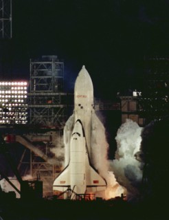 Firing the engines of the booster rocket energia during the launch of the soviet space shuttle, buran at baikonur in kazakhstan, ussr, november 15, 1988.