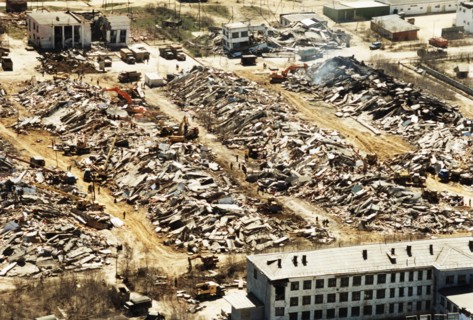 Rubble and destruction after a bad earthquake in the town of neftegorsk, north sakhalin, may 1995, the quake left 377 people dead and 372 injured.