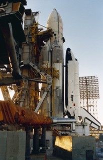 Soviet space shuttle buran with the energia carrier rocket on the launch pad at baikonur in kazakhstan, ussr, 1988.