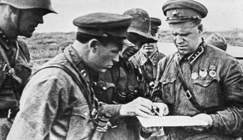 Mongolia, soviet military commander georgy konstantinovich zhukov (r) commands the soviet-mongolian army to defeat japanese forces at khalkhin gol in august 1939.