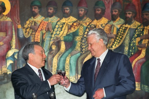 Russia, moscow, president of russia boris yeltsin and president of kazakhstan nursultan nazarbaev are pictured after signing the documents, march 29, 1994.