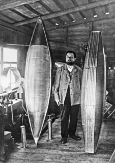 Konstantin tsiolkovsky, pioneer scientist in the field of rockets and space travel (cosmonautics), standing with his all-metal airship models in his workshop in kaluga in 1913, ussr.