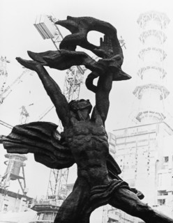 Pripyat, ukrainian ssr, ussr, the monument 'taming of the fire', by architect l, olovyannikov, devoted to the builders of the chernobyl nuclear power plant, june 1, 1982.