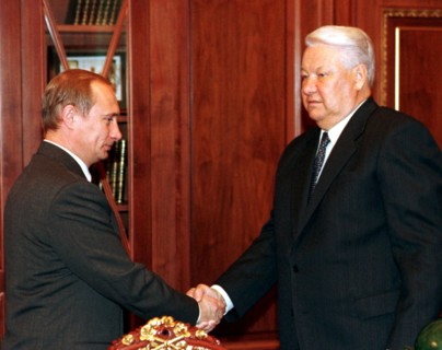 Moscow, russia, russian president boris yeltsin (r) shaking hands with premier vladimir putin, october 1999, boris yeltisn declared on friday, dec,31, that he resigned from the post of the president a...