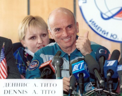 Moscow region, russia, may 8, 2001, the world's first space tourist, american businessman dennis tito (in pic), expressing his emotional appraisal of his space flight, during the first post-flight new...