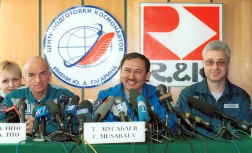 Moscow region, russia, may 8, 2001, the crew that returned from the international space station, (from left to right): the world's first space tourist, american businessman dennis tito, russian cosmon...