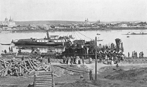 Trans-siberian railway under construction, early 20th century (1900?) on the angara river bank.