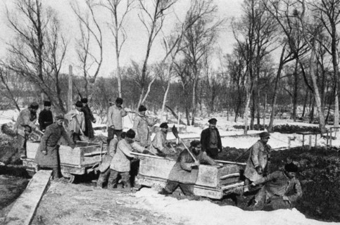 Trans-siberian railway under construction, early 20th century (1900?), convicts construct the ussuri section of trans-siberian railway.