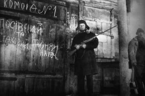 An armed man guards the storage of crop and emergency supply grain for the year 1934 in this documentary photograph displayed at an exhibition in kiev, dedicated to holodomor, the great ukrainian fami...