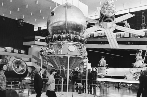 Kaluga, the picture shows visitors in the rocket hall of the state museum of cosmonautics' history.