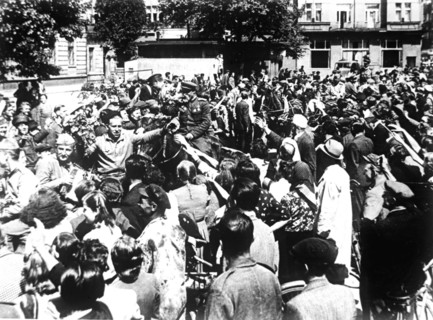 Population of pardubice, czechoslovakia welcome fighters of red army, world war 2, 1945.